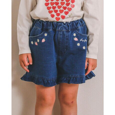 裾 バック フリル イチゴ 花 刺繍 デニムニット ショートパンツ （90 
