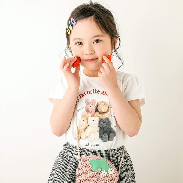 防汚】ぬいぐるみ花女の子大好きアイテム写真プリント半袖Tシャツ(80