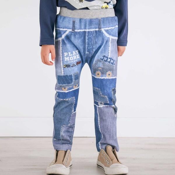 12.デニム風ネイビー＊さやたぐ ワクワクいろんなモチーフデニム風プリントミラノリブパンツ(80