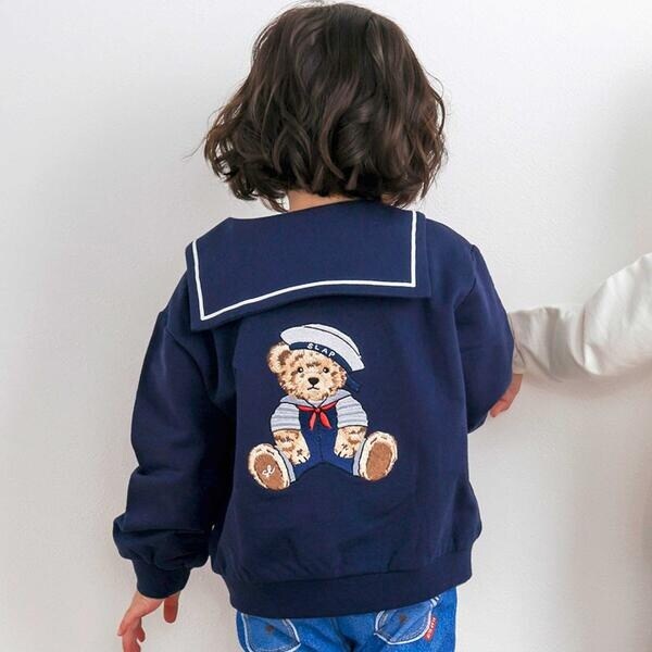 クマ刺しゅうカンガルーポケットセーラーカラーフルジップ