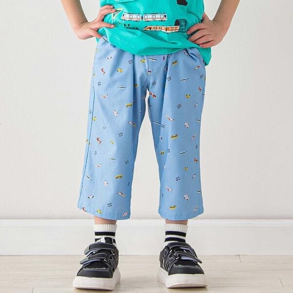 【らくのび】ウエストリブラインプリント乗り物柄ストレッチ7分丈パンツ(80~130cm)