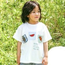 【吸汗速乾】チェックダンガリー色々ワッペン付きポケット半袖Tシャツ(80~130cm)