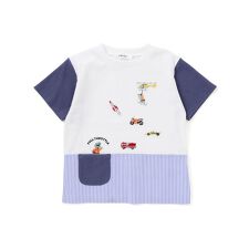【吸汗速乾】ポケット付きいろんなモチーフ刺しゅう袖配色Tシャツ(80~130cm)
