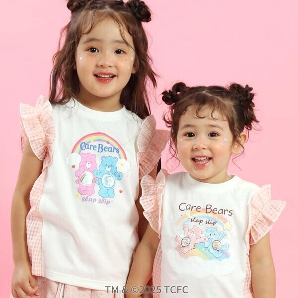 【ケアベア×SLAP SLIP】イラストプリントサイド切り替え袖フリルTシャツ(80~130cm)