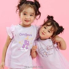 【ケアベア×SLAP SLIP】イラストプリントサイド切り替え袖フリルTシャツ(80~130cm)