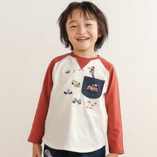 【お揃い】はたらくくるま恐竜刺しゅう胸ポケット付きラグランTシャツ(80~130cm)