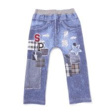 恐竜ロケットワッペンレースキラキラデニム風プリント8分丈パンツ(80~120cm)