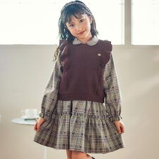 【お揃い】チェック花柄コーデュロイワンピース+ニットベスト2点セット(80~130cm)