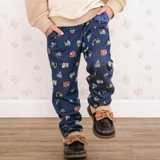 【お揃い】チェックくるま総柄ロングパンツ(80~130cm)
