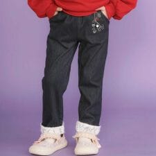 裏微起毛キーチャーム風モチーフ刺しゅう付き折り返しレースパンツ(80~130cm)