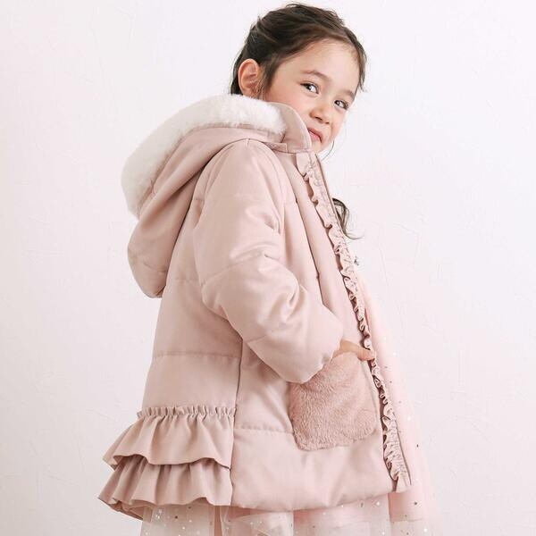 ふわふわファーポケットフリルたっぷり中綿ロングコート(90～130cm