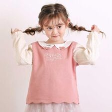 【裏起毛】ハートチェリーイチゴ刺しゅう襟付き袖切り替え裾スカラップトレーナー(80~130cm)