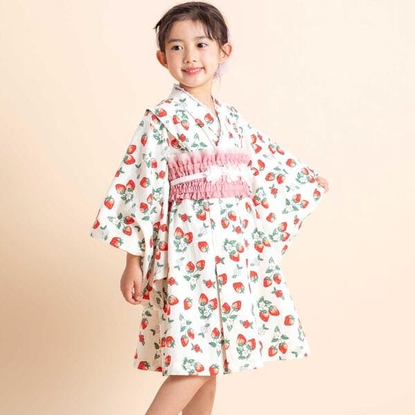 お揃い】イチゴx花x花火総柄ショート丈プルオーバー浴衣+帯セット(80