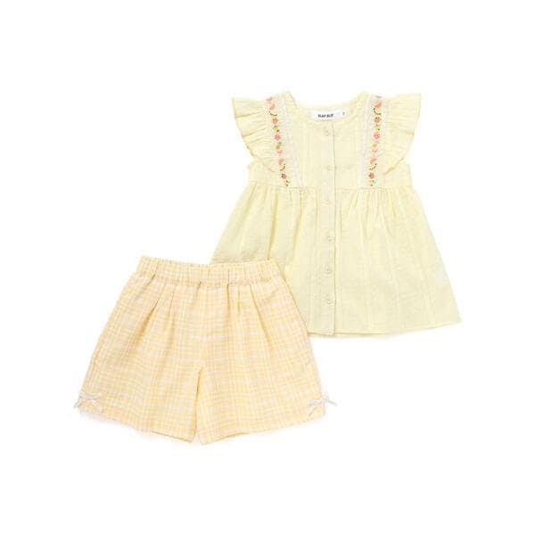 肩フリルチュニック+チェック柄ショートパンツセットアップ(90~130cm