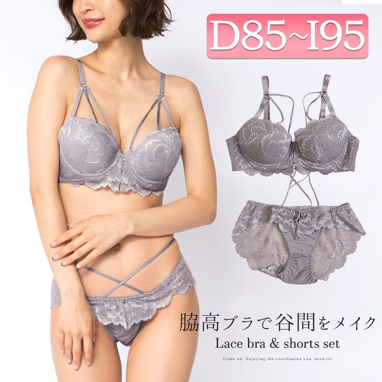 【D85-I95】脇高総レースフリル付きブラジャー＆ショーツセット大きいサイズレディース下着