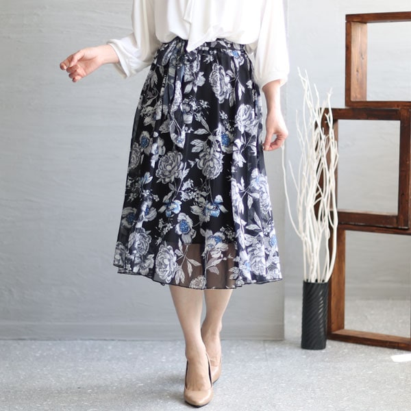 大きいサイズ】 花柄シフォンロングスカート 大きいサイズ