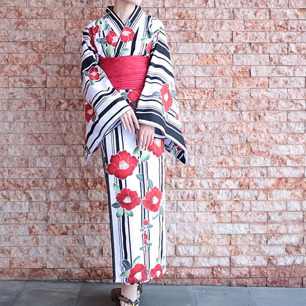 大きいサイズ】 椿ストライプ柄セパレート浴衣＆結び帯2点セット