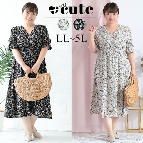 大きいサイズ】 小花柄カシュクールワンピース 大きいサイズ 