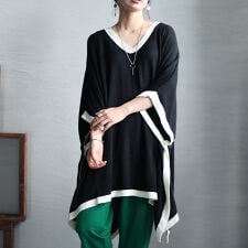 【大きいサイズ】 配色ニットポンチョ 大きいサイズ レディース トップス ニット ポンチョ ロング