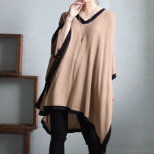 【大きいサイズ】 配色ニットポンチョ 大きいサイズ レディース トップス ニット ポンチョ ロング
