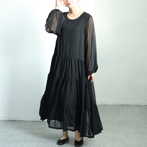【大きいサイズ】 シアースリーブシフォンティアードワンピース 大きいサイズ レディース ワンピース
