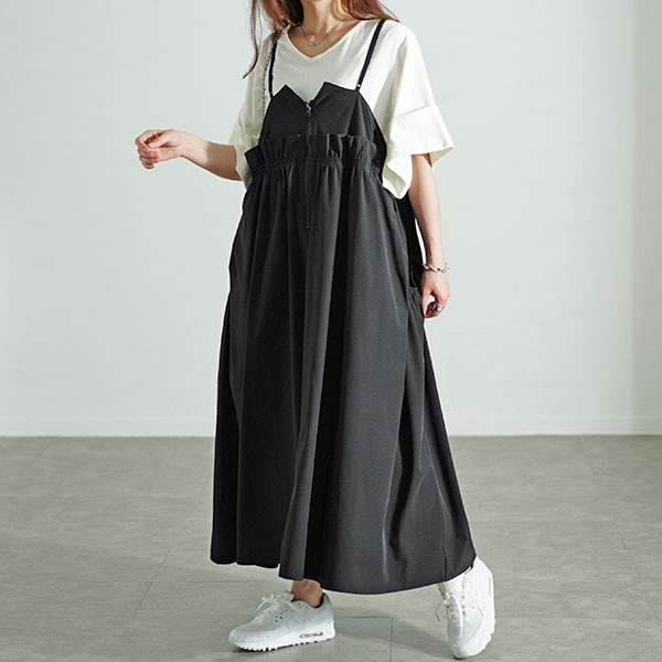 【大きいサイズ】 ハーフジップウエストフリルキャミワンピース 大きいサイズ レディース ワンピース