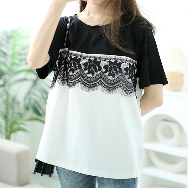 【大きいサイズ】 レース切替えバイカラーTシャツ 大きいサイズ レディース トップス カットソー 夏