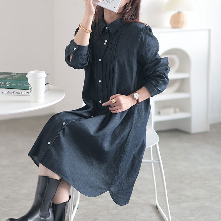 大きいサイズ】 ピンタックコットンデニムシャツワンピース