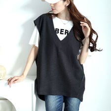 【大きいサイズ】 深Vネック後ろタックコクーンベスト 大きいサイズ レディース トップス ベスト 秋