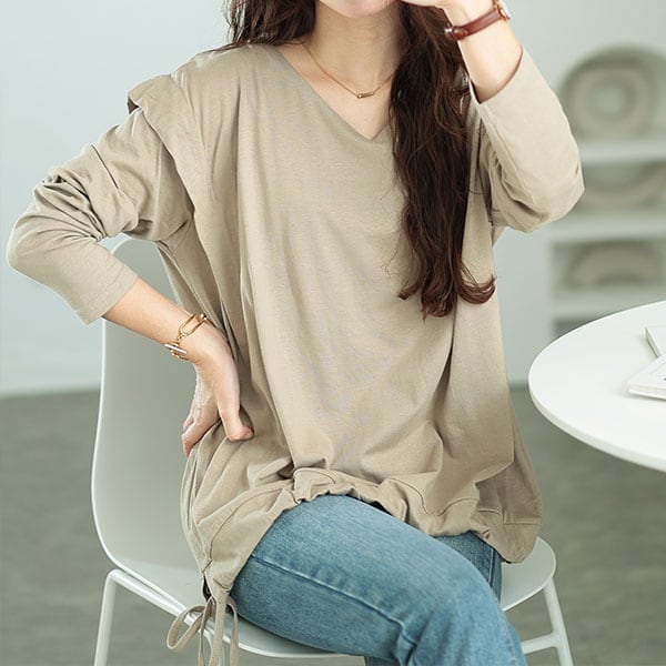 グレー Vネック 長袖 Tシャツ フリンジ裾 グレー Vネック 長袖 Tシャツ フリンジ裾