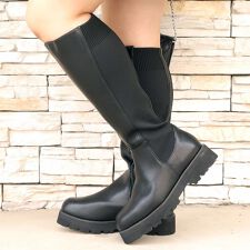 【大きいサイズ】 甲高幅広4E厚底ニットコンビロングブーツ 大きいサイズ レディース 靴 ブーツ 黒