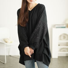 【大きいサイズ】 スパンコールレース切り替えチュニック 大きいサイズ レディース チュニック 長袖