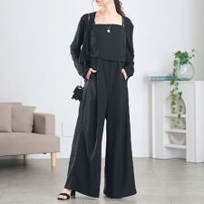 【大きいサイズ】 ショート丈トッパーカーディガン＆ワイドサロペットパンツ2点セット 大きいサイズ 春