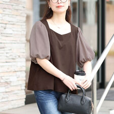 【大きいサイズ】 シフォンバルーンスリーブプルオーバー 大きいサイズ レディース トップス 5分袖