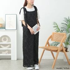 【大きいサイズ】 フェザージャガード肩リボンサロペットパンツ 大きいサイズ レディース サロペット