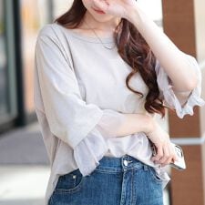 【大きいサイズ】 チュールフレアスリーブラメカットソー 大きいサイズ レディース トップス 5分袖