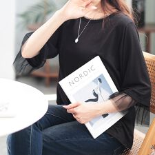 【大きいサイズ】 チュールフレアスリーブラメカットソー 大きいサイズ レディース トップス 5分袖