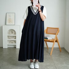 【大きいサイズ】 麻混Vネック配色ラインジャンパースカート 大きいサイズ レディース ワンピース 春