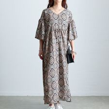 【大きいサイズ】 バルーン袖オリエンタル柄ロングワンピース 大きいサイズ レディース ワンピース 春