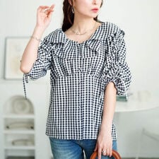 【大きいサイズ】 ギンガムチェックフリルカラーブラウス 大きいサイズ レディース トップス ブラウス
