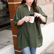 【大きいサイズ】 楊柳スキッパーチュニック 大きいサイズ レディース チュニック 5分袖 ドルマン