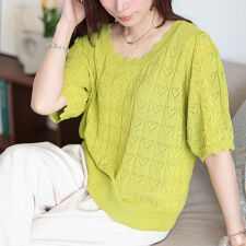 【大きいサイズ】 ハート柄透かし編みスカラップニット 大きいサイズ レディース トップス ニット 夏