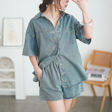 【大きいサイズ】 デニムシャツ＆ショートパンツセットアップ 大きいサイズ レディース セットアップ