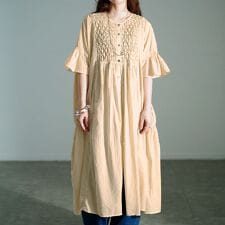 【大きいサイズ】 スモッキング刺繍ロングシャツワンピース 大きいサイズ レディース ワンピース 刺繍