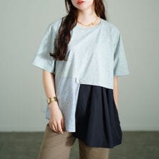 【大きいサイズ】 アシメ異素材切り替えチュニックTシャツ 大きいサイズ レディース トップス 半袖