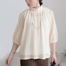 【大きいサイズ】 ストレッチレースハイネックプルオーバー 大きいサイズ レディース トップス 5分袖