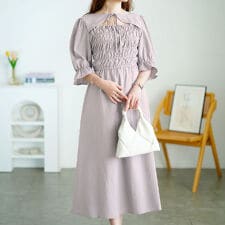 【大きいサイズ】 リボンボレロ風シャーリングワンピース 大きいサイズ レディース ワンピース ロング