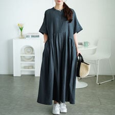 【大きいサイズ】 イレギュラー切り替えタックフレアワンピース 大きいサイズ レディース ワンピース