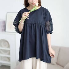 【大きいサイズ】 袖レース切り替えペプラムチュニック 大きいサイズ レディース チュニック ロング