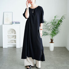 【大きいサイズ】 楊柳スリットワンピース 大きいサイズ レディース ワンピース ロング 5分袖 夏服